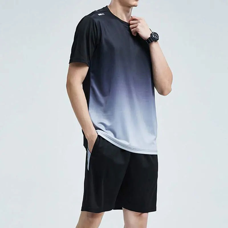 Men Active Quick Dry Crew Neck T Shirts and Shorts Set Athletic Workout Short Sleeve Clothes Basketball Running Gym Sports Suit